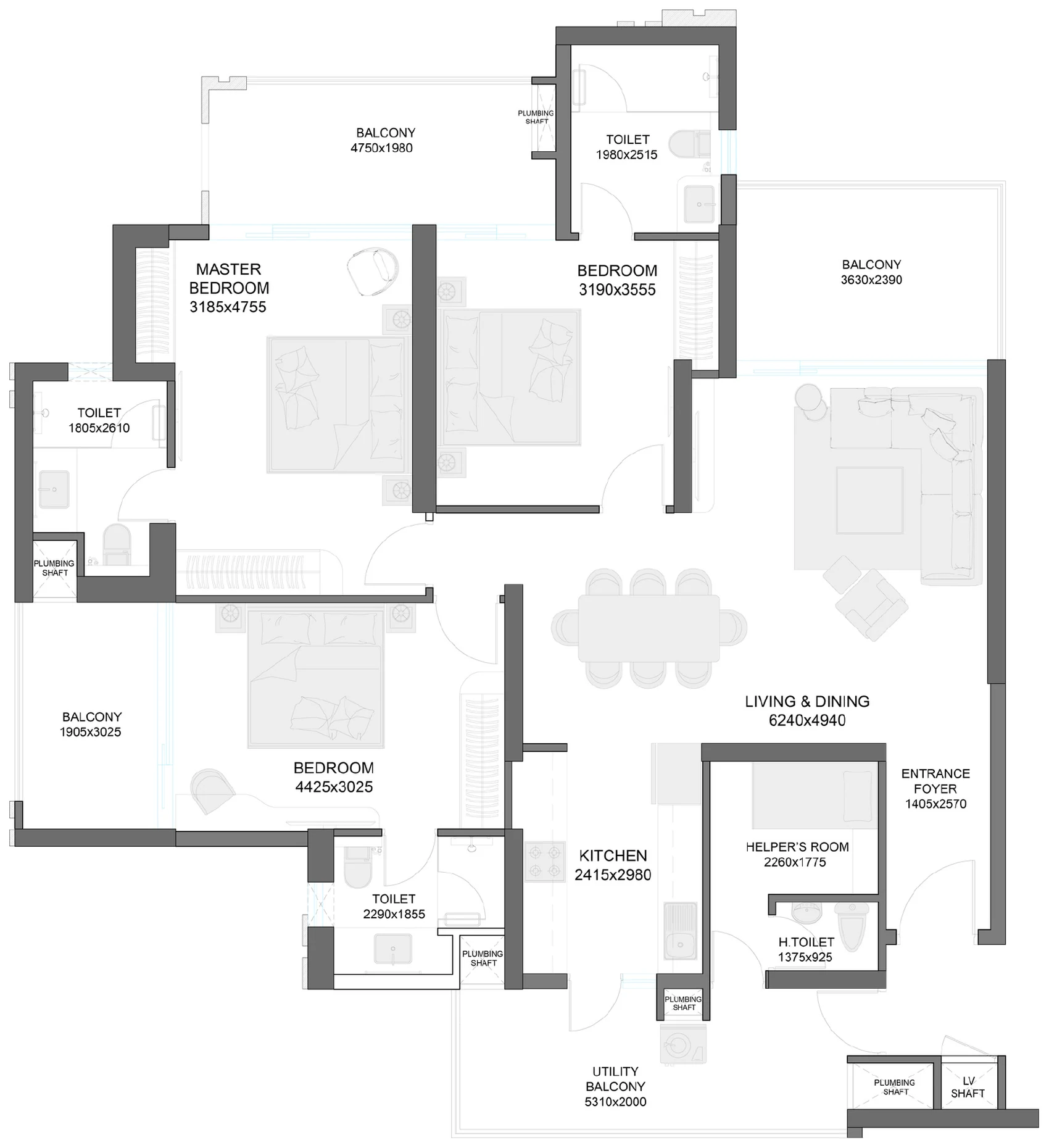 Gulshan Empire 3 BHK + servant room floor plan, 2,075 sq ft, Wave City Sector 1 NH-24 Ghaziabad